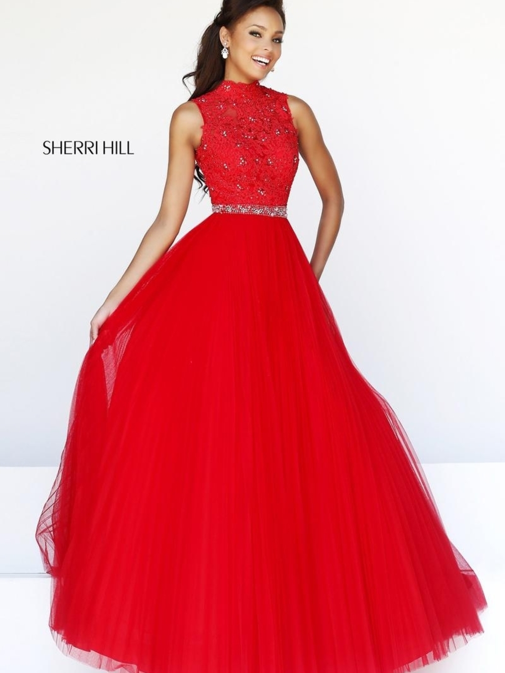Sherri Hill Vibrant Red Beaded Tulle Ball Gown
